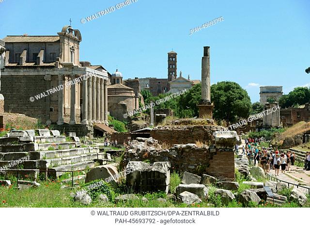 Temple of Antoninus and Faustina (L), adapted to the church of San Lorenzo in Miranda, and other temple ruins in the Forum Romanum in Rome, Italy, 14 May 2013