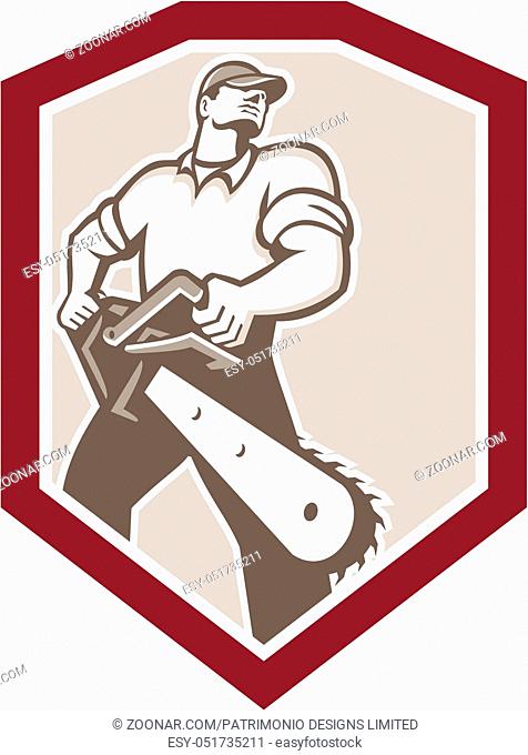 Illustration of lumberjack arborist tree surgeon holding a chainsaw viewed from low angle set inside shield crest shape on isolated white background done in...