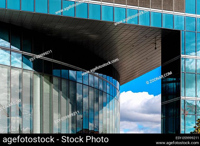 Madrid, Spain - February 7, 2021: Torre Espacio office building entrance. Business and finance concept