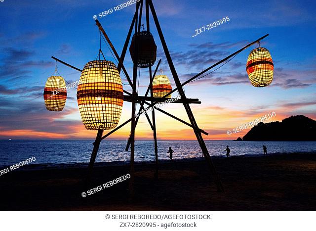Paper lights and sunset in the beach. Kantiang Bay. Koh Lanta. Thailand. Asia. NOON Sunset Viewpoint Restaurant. Kantiang Bay is most famous as the location of...