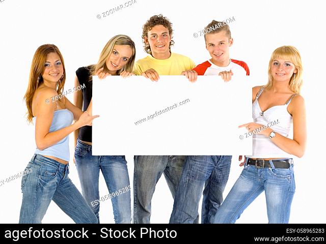 Small group of teenagers holding white blank board. Looking at camera. White background, front view