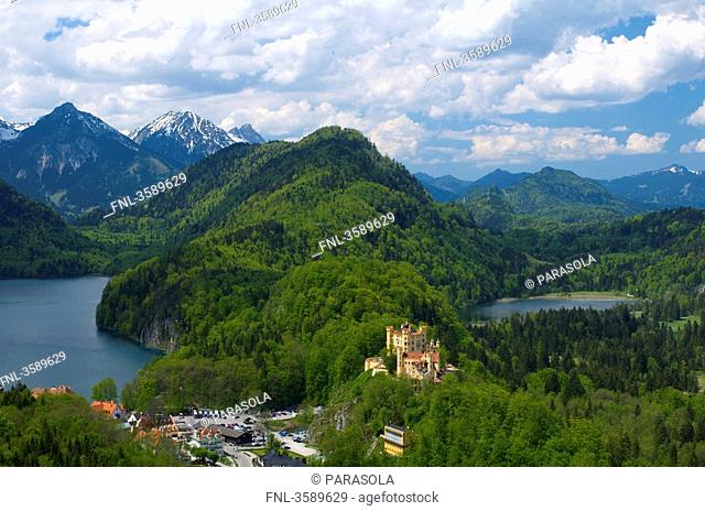 View to Castle Hohenschwangau and Alpsee, Bavaria, Germany, Europe