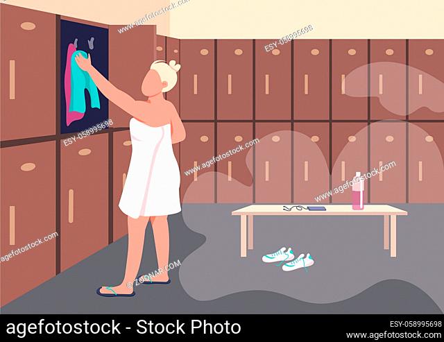 Shower after training flat color vector illustration. Young woman in towel 2D cartoon character with gym locker room on background
