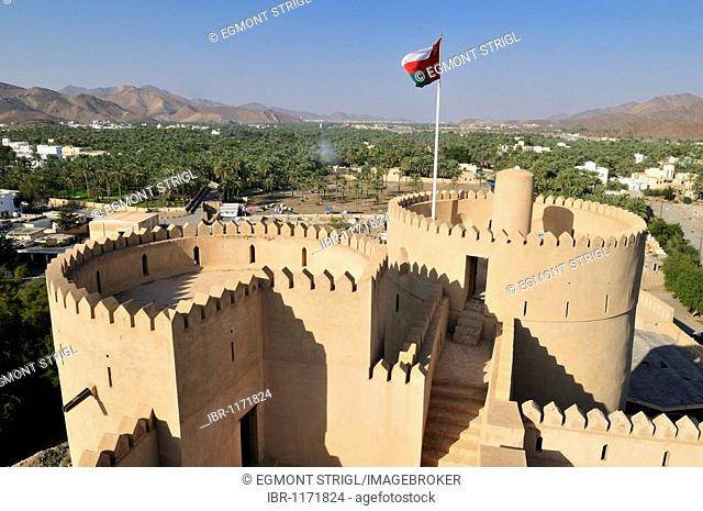 Historic adobe fortification Rustaq Fort or Castle, Hajar al Gharbi Mountains, Batinah Region, Sultanate of Oman, Arabia, Middle East