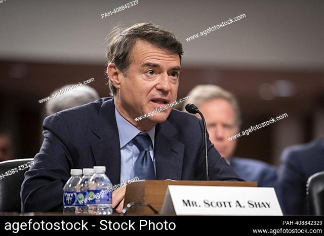 Scott A. Shay, former Chairman And Co-Founder, Signature Bank, appears before a Senate Committee on Banking, Housing, and Urban Affairs hearing to examine the...