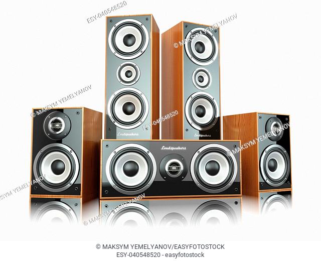 Group of audio speakers. Loudspeakers isolated on white. 3d