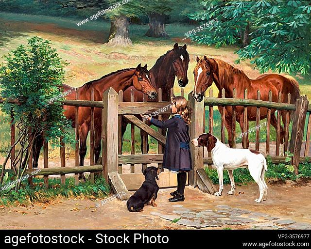 Simonsen Simon Ludvig Ditlev - Feeding the Horses - Danish School - 19th and Early 20th Century