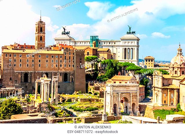 Roman Forum, view on the Tabularium, the Temple of Castor and Pollux, the Arch of Septimius Severus, the Temple of Saturn