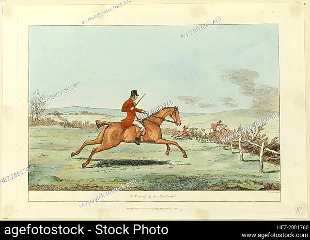 Charging an Ox-fence, plate three from Indispensable Accomplishments, published June 24, 1811. Creator: Robert Frankland