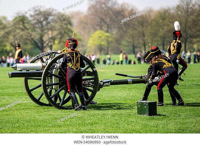 The King's Troop Royal Horse Artillery with 71 horses pulling six First World War-era 13-pounder field guns in Hyde Park staging a 41 royal gun salute for HM...