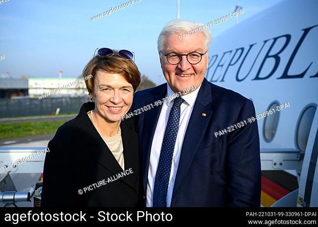 31 October 2022, Brandenburg, Schönefeld: German President Frank-Walter Steinmeier and his wife Elke Büdenbender board an Airbus of the German Armed Forces'...