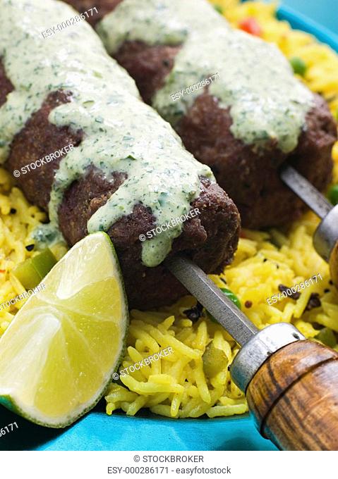 Lamb Mint and Garlic Sheesh Kebab with Pilau Rice and Raita