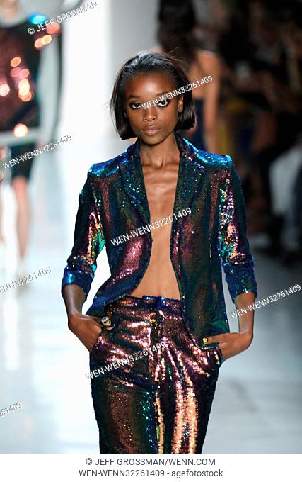 A model on the catwalk during the Libertine fashion show during New York Fashion Week at Gallery 3, Skylight Clarkson Sq in New York City