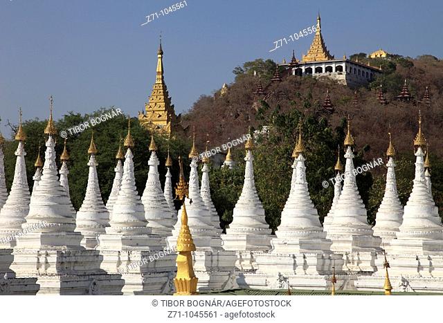 Myanmar, Burma, Mandalay, Sandamani Pagoda, Mandalay Hill in background