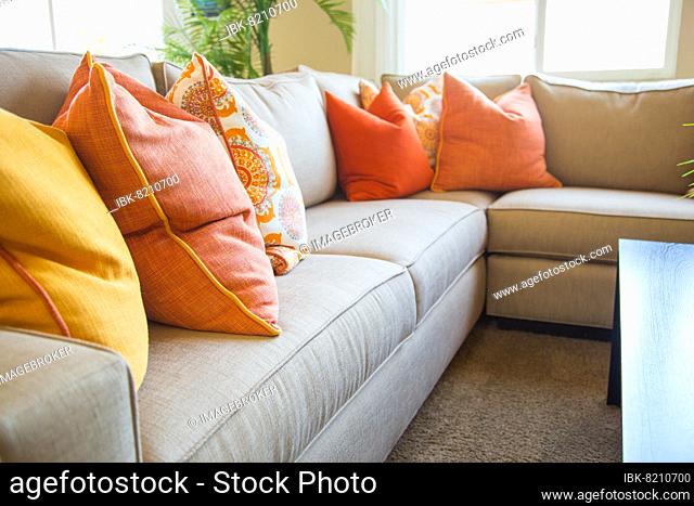 Abstract of inviting colorful couch sitting area in house