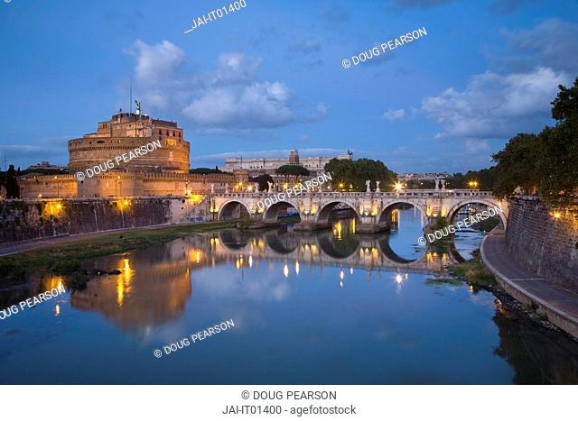 Castel Sant' Angelo & San't Angelo Bridge at Dusk, Rome, Italy