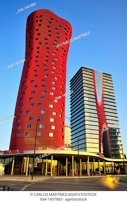 Hotel Porta Fira -left- and Realia tower -right- designed by Japanese architect Toyo Ito, L'Hospitalet de Llobregat, Barcelona province, Catalonia, Spain