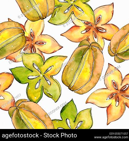 Exotic carambola healthy food pattern in a watercolor style. Full name of the fruit: carambola. Aquarelle wild fruit for background, texture