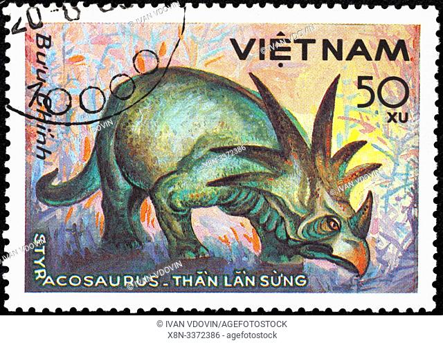 Styracosaurus, prehistoric fauna, postage stamp, Vietnam, 1984