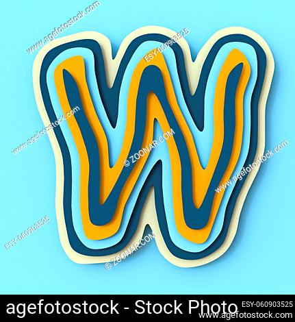 Colorful paper layers font Letter W 3D render illustration isolated on blue background