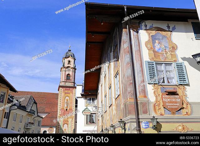 Restaurant 'Alpenrose' with ventilated painting, ventilated painting, façade painting, Parish Church of St. Peter and Paul, Mittenwald, Werdenfelser Land