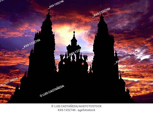 Silhouette of cathedral, Santiago de Compostela, La Coruña province, Galicia, Spain