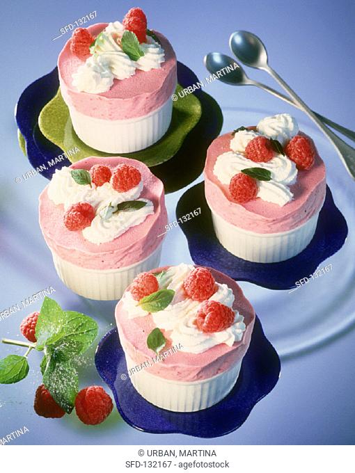 Raspberry ice cream souffles with cream & raspberries