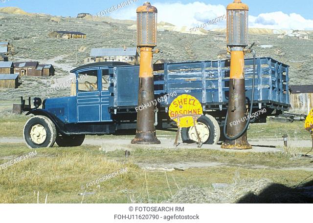 Antique delivery truck and gasoline pumps at Bodie, a CA ghost town