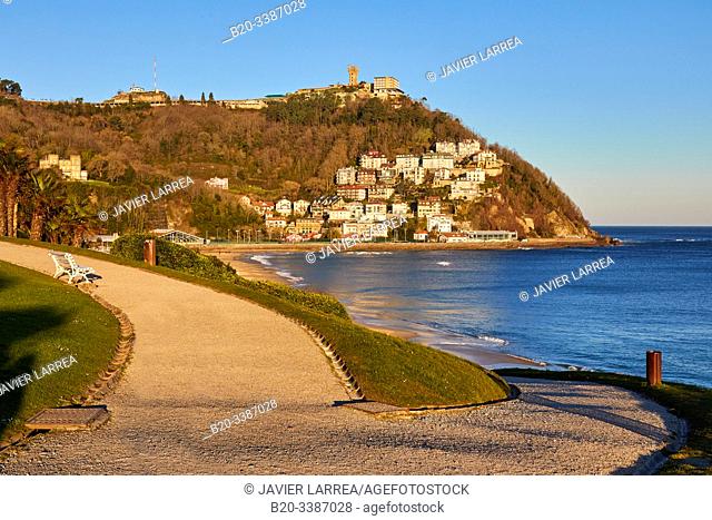 Monte Igueldo and La Concha Bay, from the Miramar Palace gardens, Donostia, San Sebastian, Gipuzkoa, Basque Country, Spain, Europe