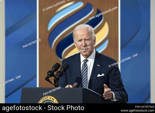 United States President Joe Biden makes closing remarks at the virtual Summit for Democracy in the South Court Auditorium at the White House in Washington, DC