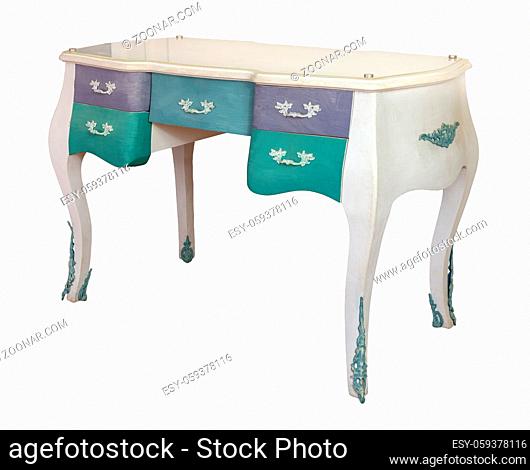 Retro white ornate wooden desk table with five colored drawers isolated on white background including clipping path