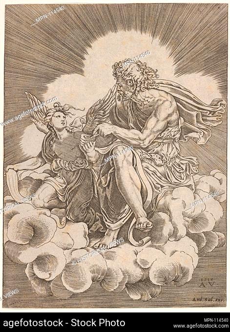 St. Matthew, seated on a cloud and dipping a quill into an inkwell held by an angel, who is also holding a scroll, from a series of the four evangelists after...