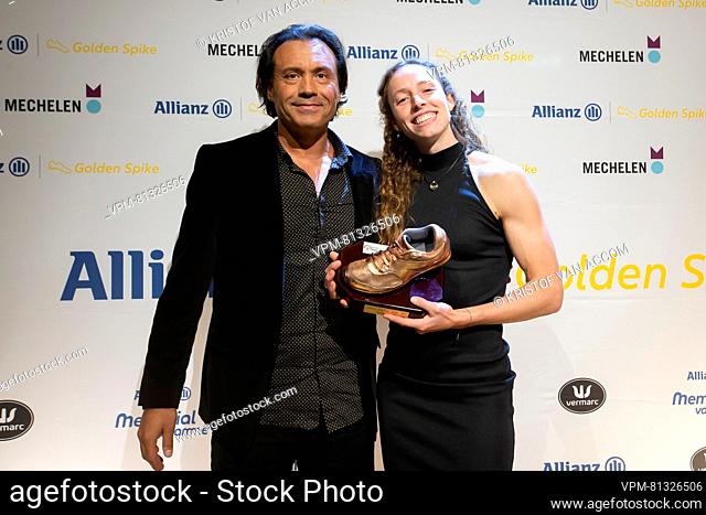 Coach Fernando Oliva and Noor Vidts pictured at the 'Golden Spike' athletics awards ceremony, Saturday 02 December 2023 in Mechelen