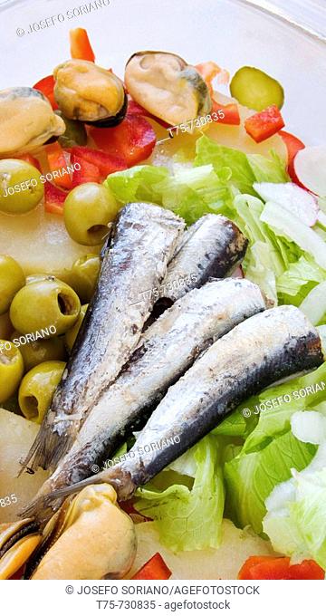 Salad with sardines, mussels, lettuce, olives, onion, pepper and cucumber