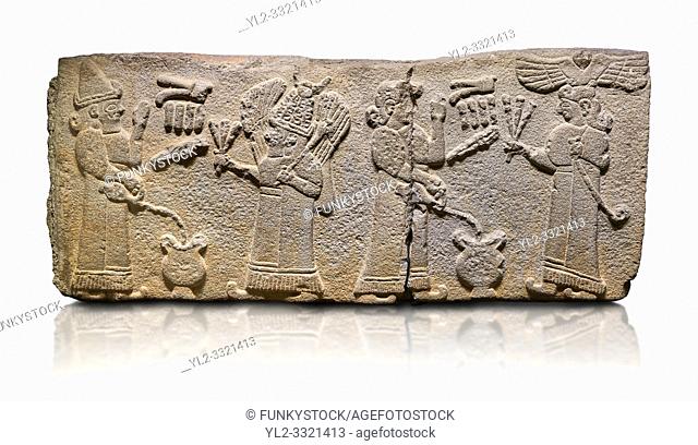 Aslantepe Monumental Hittite relief sculpted orthostat stone panel. Limestone, Aslantepe, Malatya, 1200-700 B. C. . . Scene of the king's offering drink and...