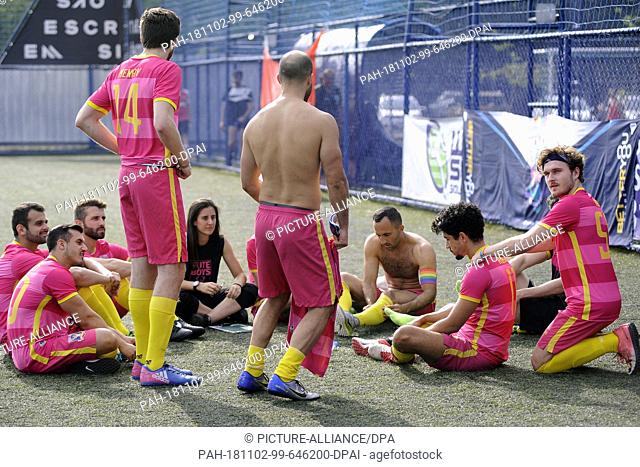 02 November 2018, Brazil, Sao Paulo: Players get ready for a game at a gay soccer championship. The championship wants to set an example for tolerance and...