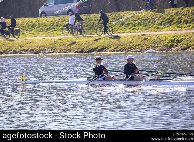 Mazarine Guilbert pictured in action during Race 1 in the men's double M2x rowing event, at the second day of the rowing trials, in Hazeldonk, Willebroek
