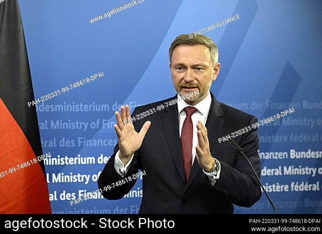 31 March 2022, Berlin: Christian Lindner (FDP), German Finance Minister, gives a press conference together with Bruno Le Maire, French Minister for the Economy