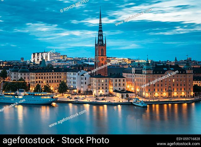 Stockholm, Sweden. Scenic View Of Stockholm Skyline At Summer Evening. Famous Popular Destination Scenic Place In Dusk Lights
