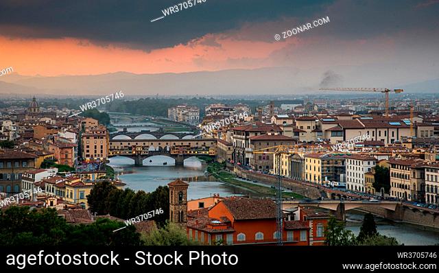 Panoramic skyline of the historical city of Florence in Italy from Michelangelo piazza just before the sunset
