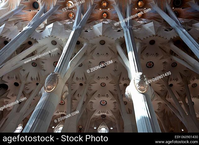 Famous Sagrada Familia cathedral interior, Barcelona, Spain