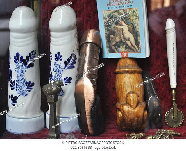 Turin, Italy: vintage dildos from the window of an antique shop specialized in old erotic goods