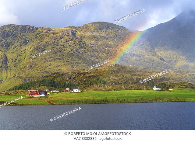 Rainbow above the coastal village of Leknes, Vestvagoy, Lofoten Islands, Norway