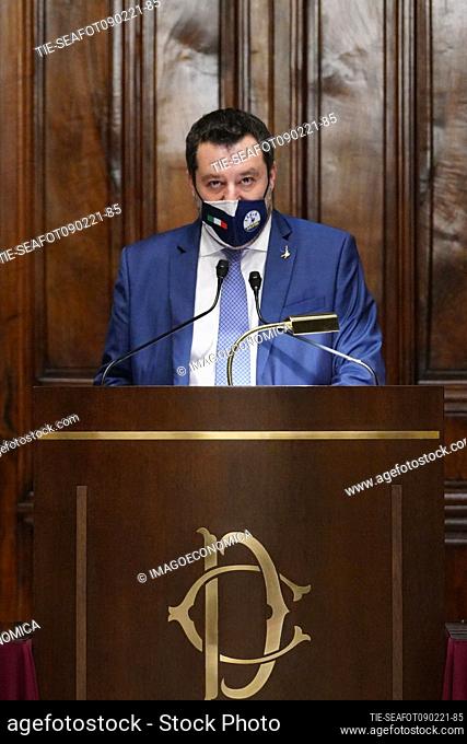 Matteo Salvini holds a press conference after a meeting with premier-designate Mario Draghi at the Lower House in Rome, Italy, 09 February 2021