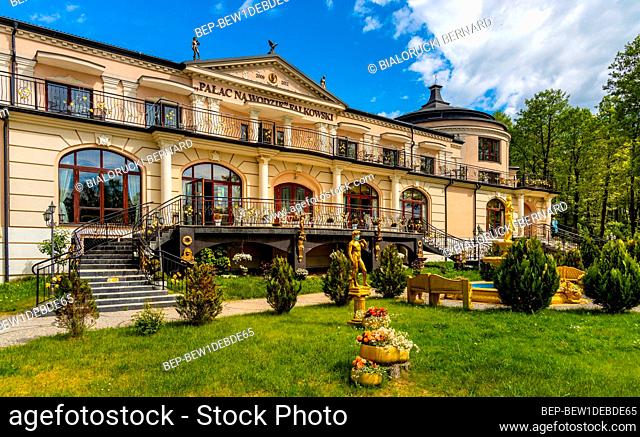 Augustow, Poland - June 1, 2021: Palac na Wodzie - On Water Palace resort on shore of Netta river and Necko lake in Masuria lake district resort town of...