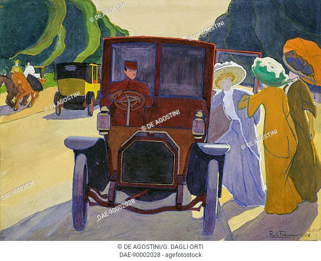 Avenue of the Acacias at the Bois de Boulogne, a car with driver, 1908, watercolour by Roger de La Fresnaye, 17.8x23.8 cm