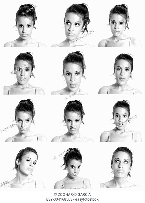 Young woman face expressions composite black and white isolated