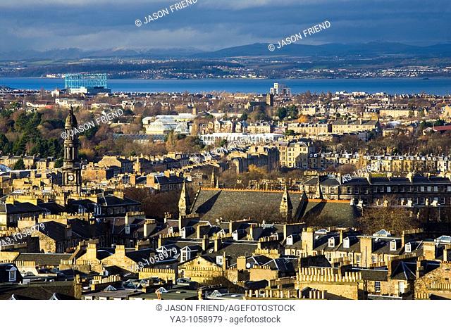 Scotland, Edinburgh, Calton Hill  Looking across Edinburgh City New Town to The Firth of Forth