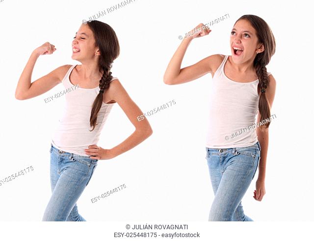 Collage of a young girl celebrating a victory. Isolated on white