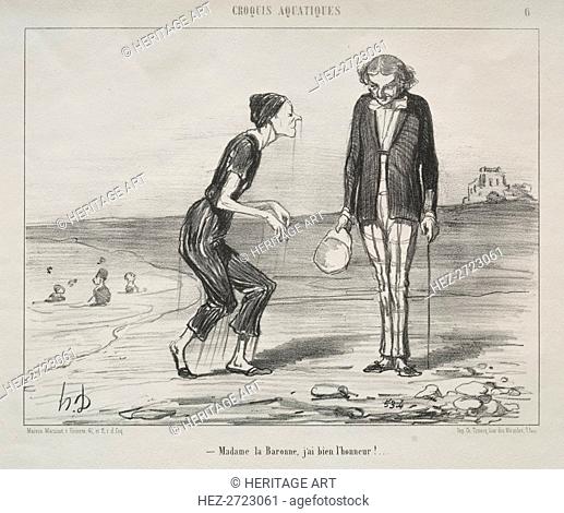 Aquatic Sketches, plate 8: Madame la Baronne, it is my honor.., 1853. Creator: Honoré Daumier (French, 1808-1879); Ch. Trinocq